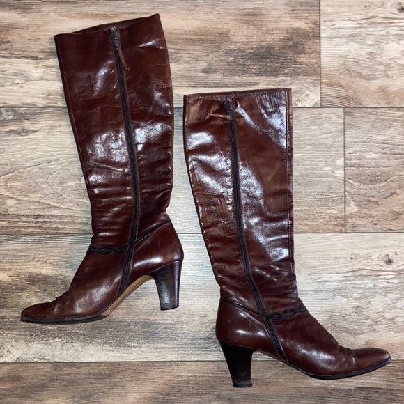 Salvatore Ferragamo Brown Leather Knee High Heeled Boots Size 6.5 - Picture 1 of 6